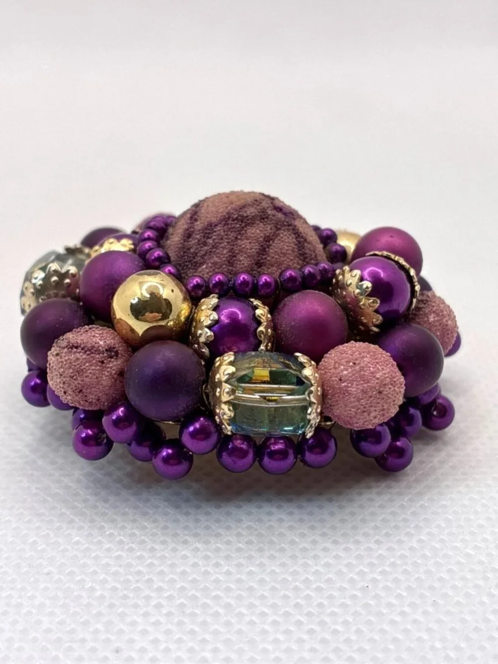 Vtg Japan Purple Brooch Sugar Beads Gold Accents & Faux Gemstones 2 In Diameter